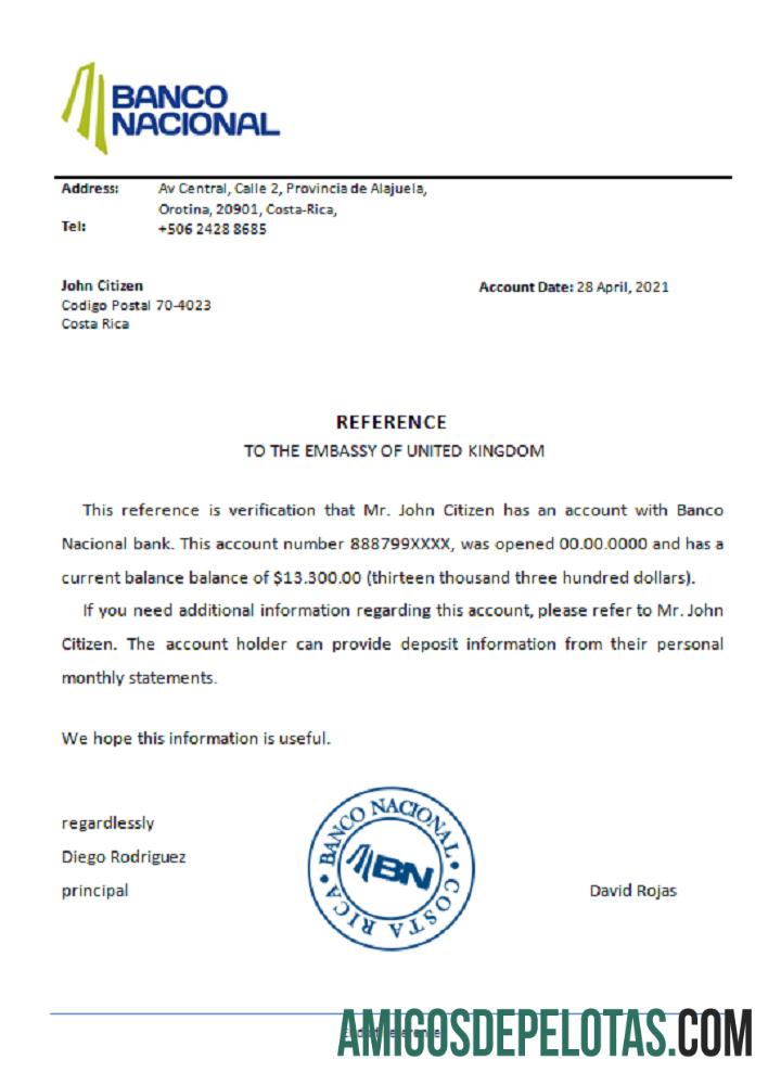 Referência do Banco Nacional da Costa Rica exemplo real